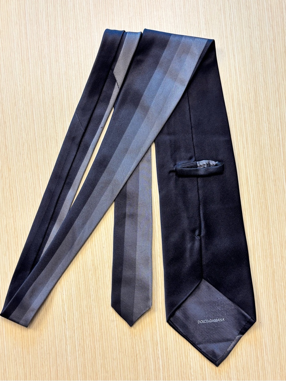 Dolce & Gabbana VTG Cravatte Silk Tie Gray Black Vertical Block Stripe Italy